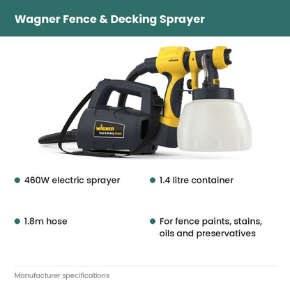 Wagner Fence And Decking Sprayer - 460W electric sprayer; 1.4 litre container; 1.8m hose; For fence paints, stains, oils and preservatives